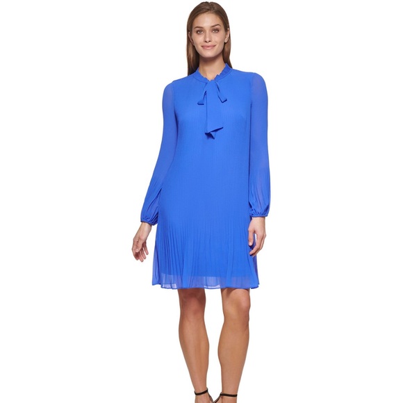 DKNY Long Sleeve Tie Neck Pleated Shift Dress Size 6 - Picture 1 of 5